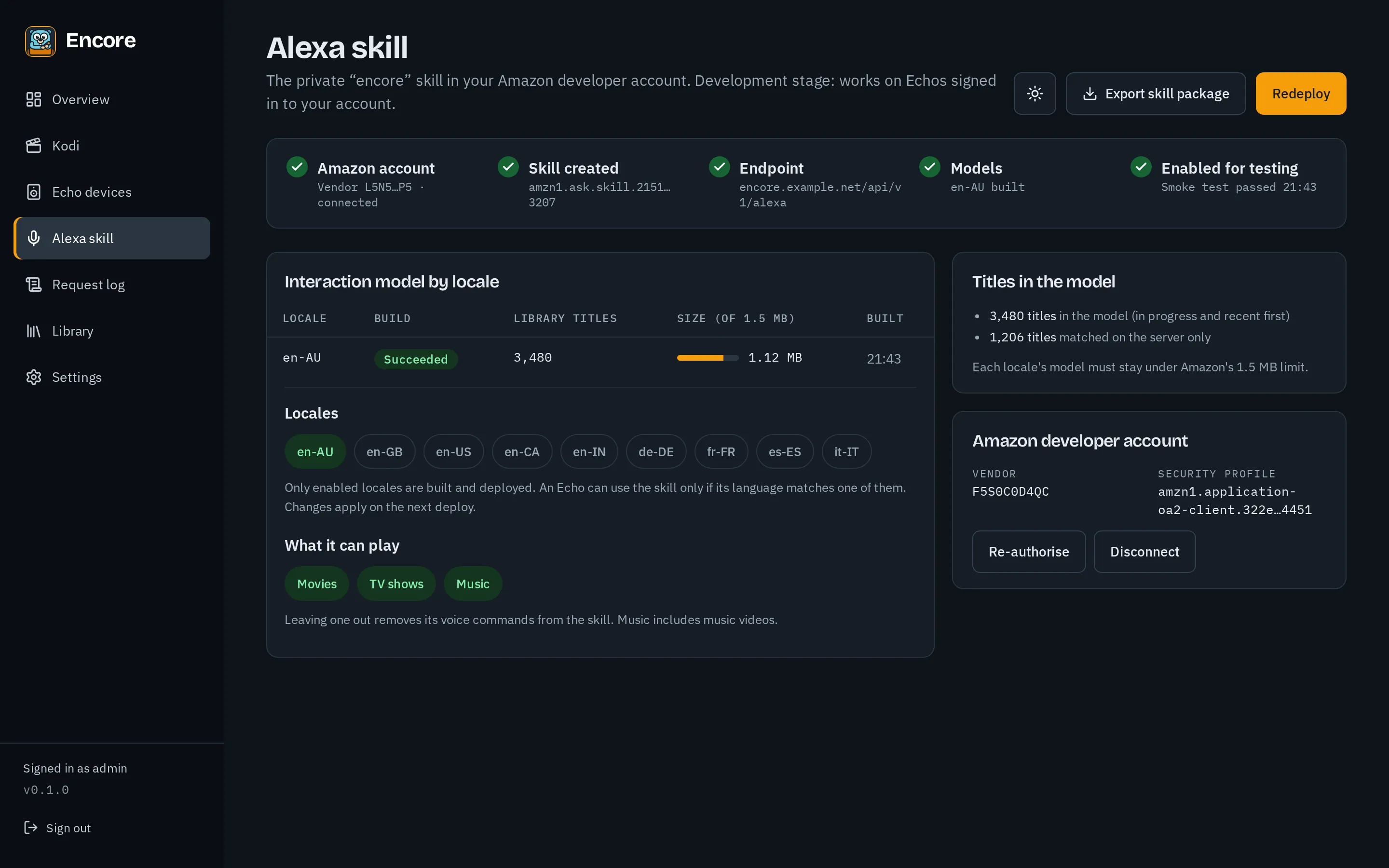 The Alexa skill page, with the deploy steps, the interaction model per locale and the Amazon account