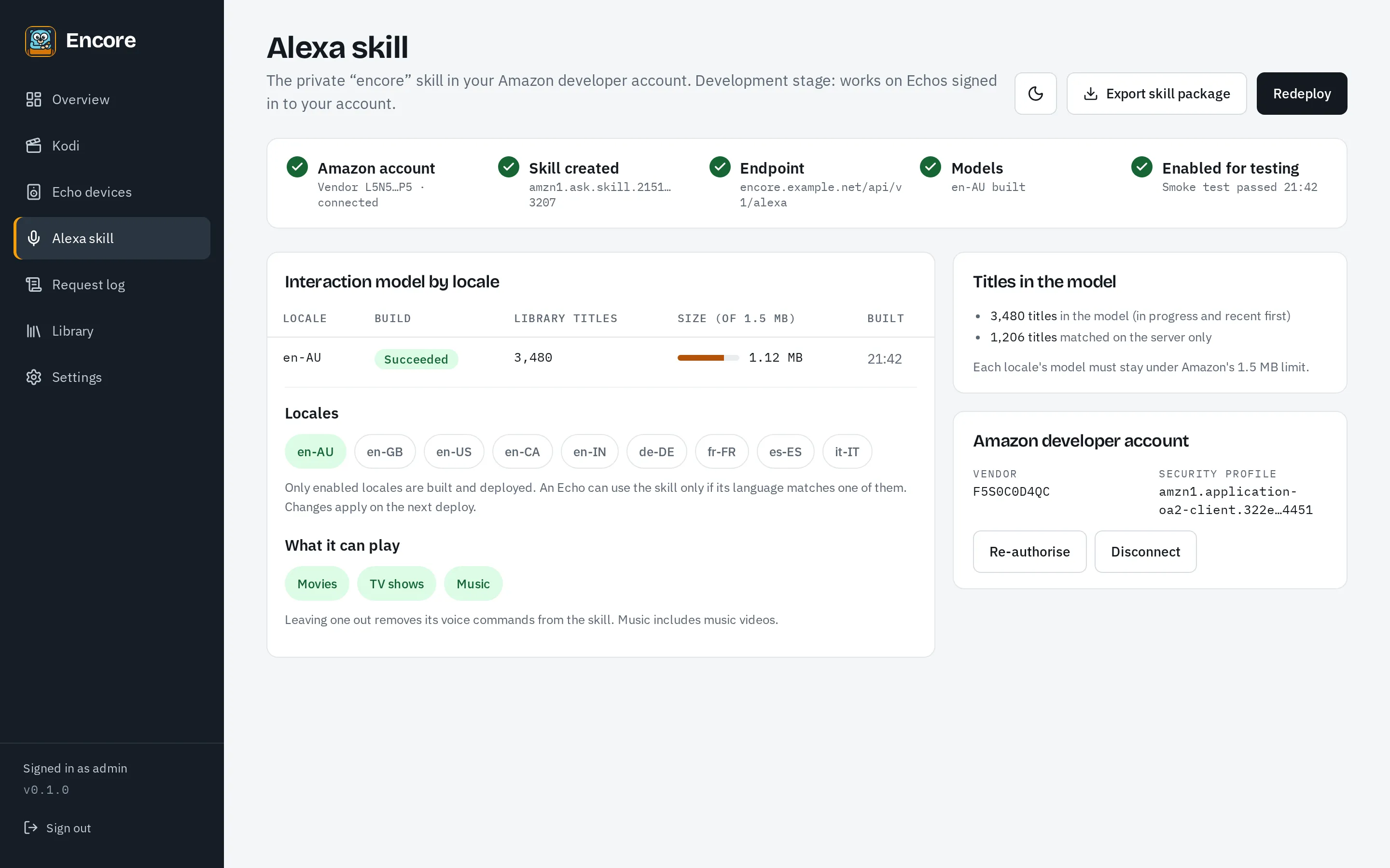 The Alexa skill page, with the deploy steps, the interaction model per locale and the Amazon account