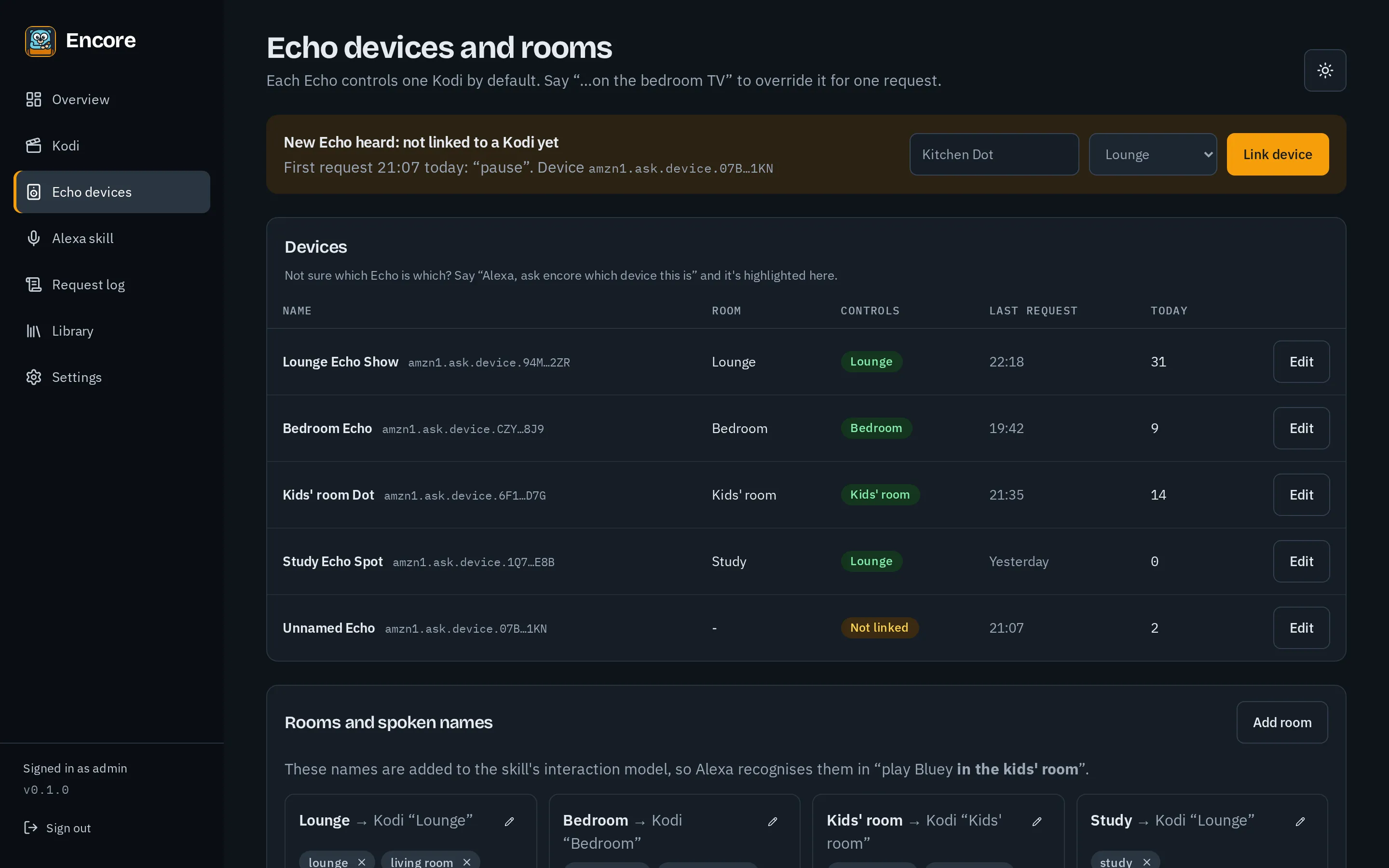 The Echo devices page, linking each Echo to a Kodi instance