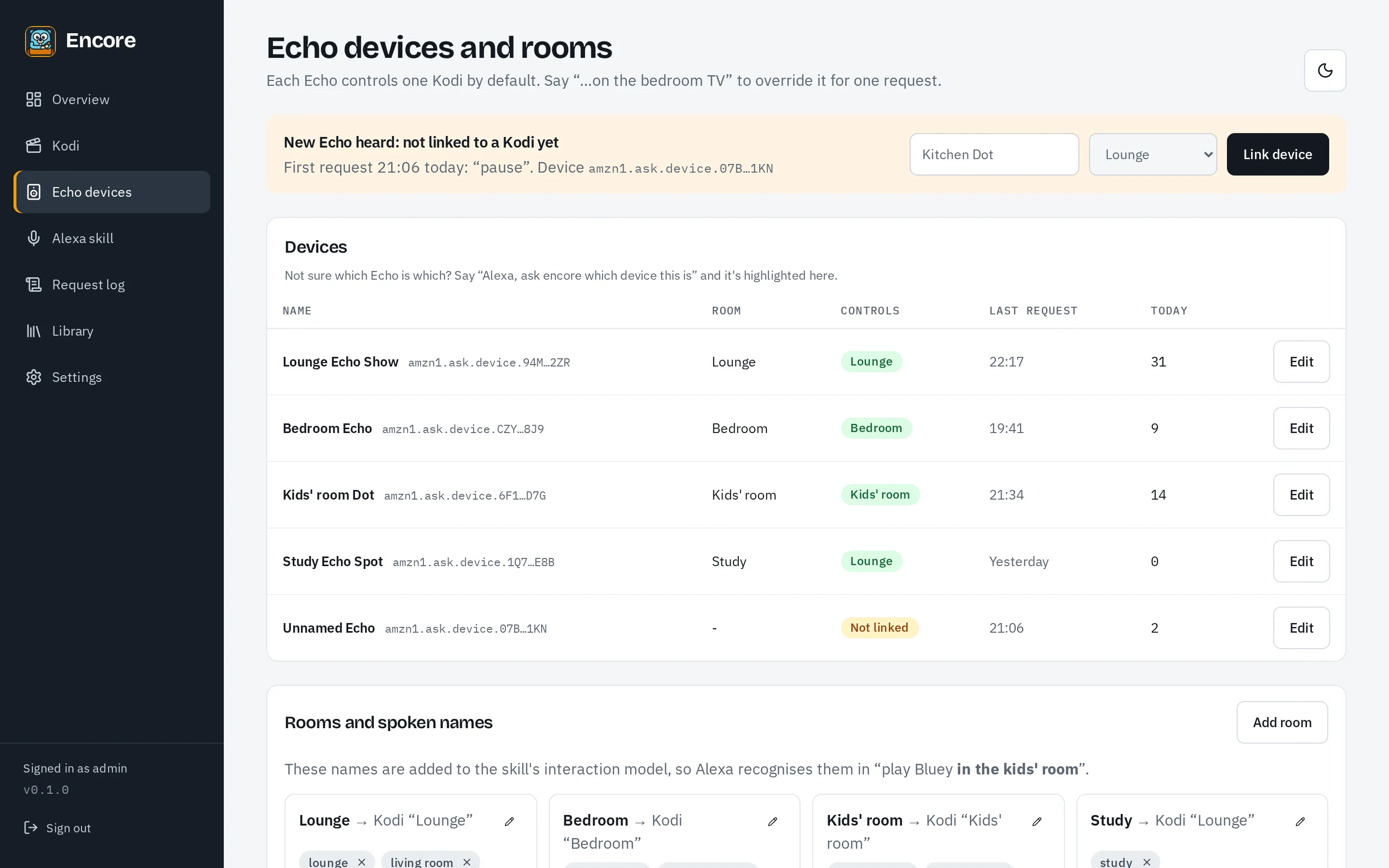 The Echo devices page, linking each Echo to a Kodi instance