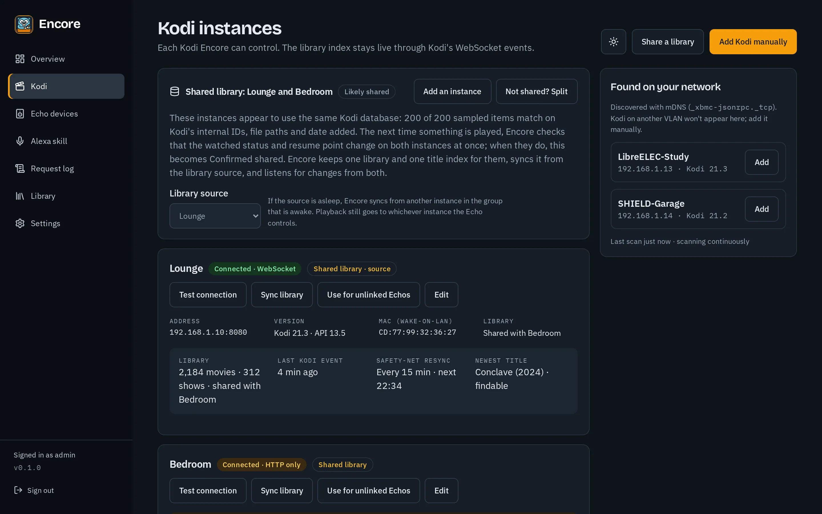 The Kodi page, listing Kodi instances with their connection, library and Wake-on-LAN details