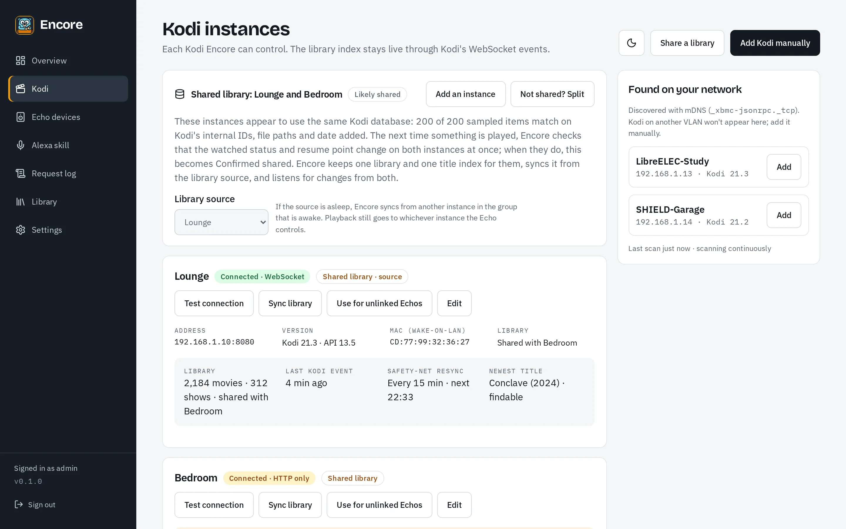 The Kodi page, listing Kodi instances with their connection, library and Wake-on-LAN details