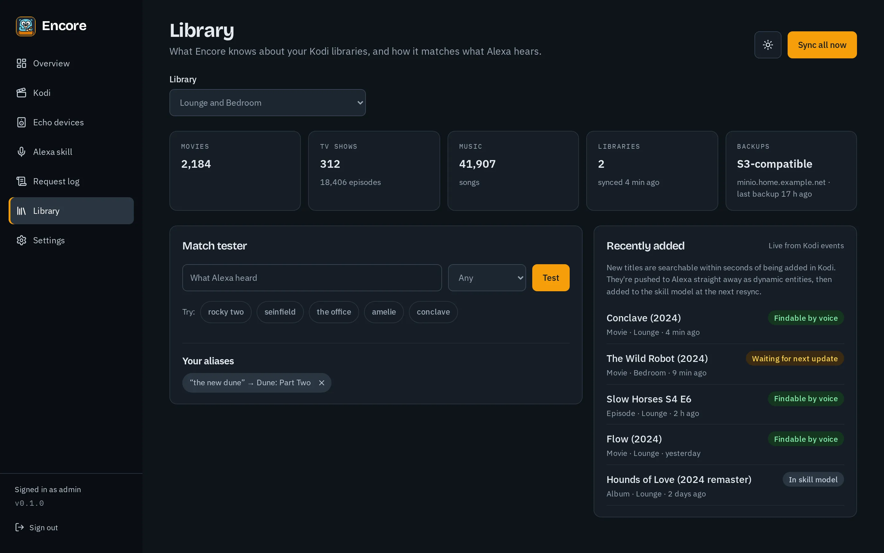 The Library page, with the library index and the match tester