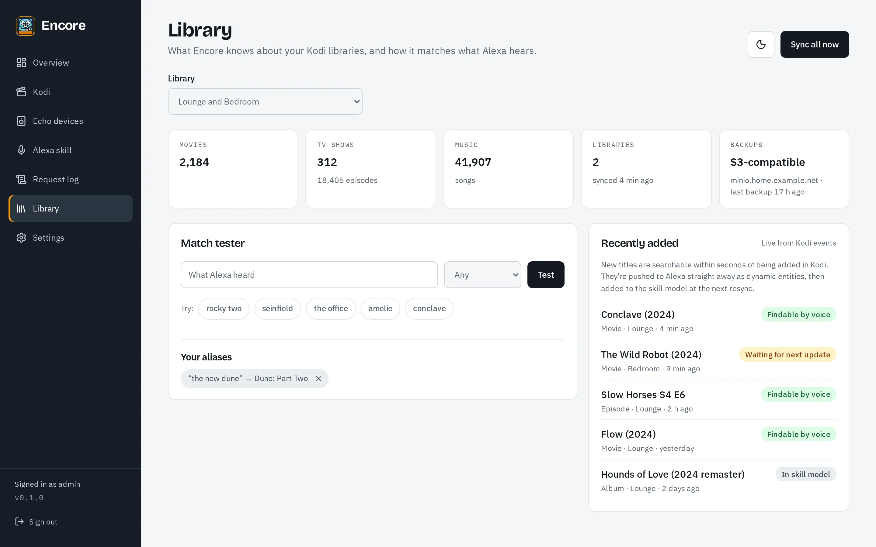 The Library page, with the library index and the match tester