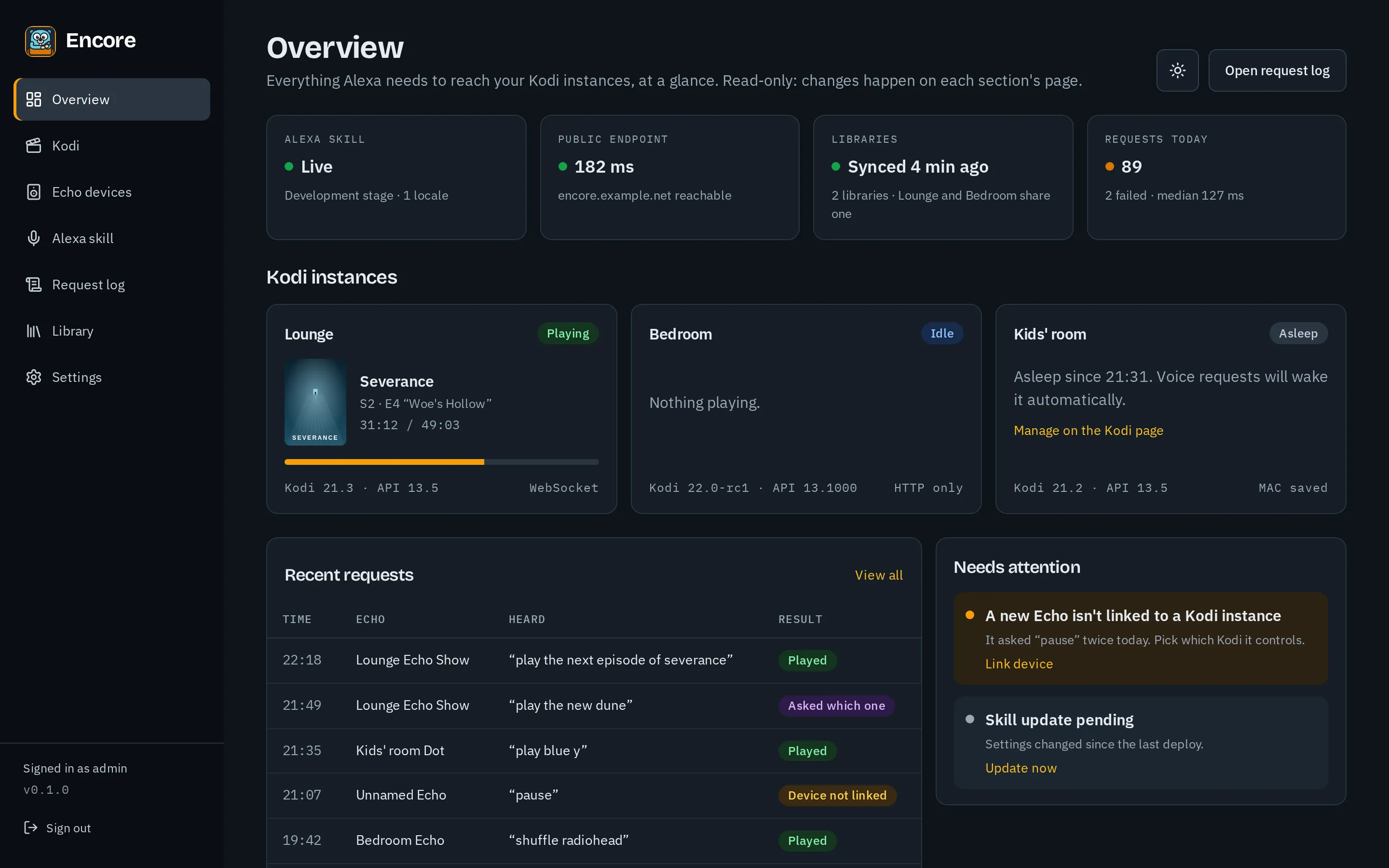 The Overview page, with the skill's state, Kodi instances and recent requests