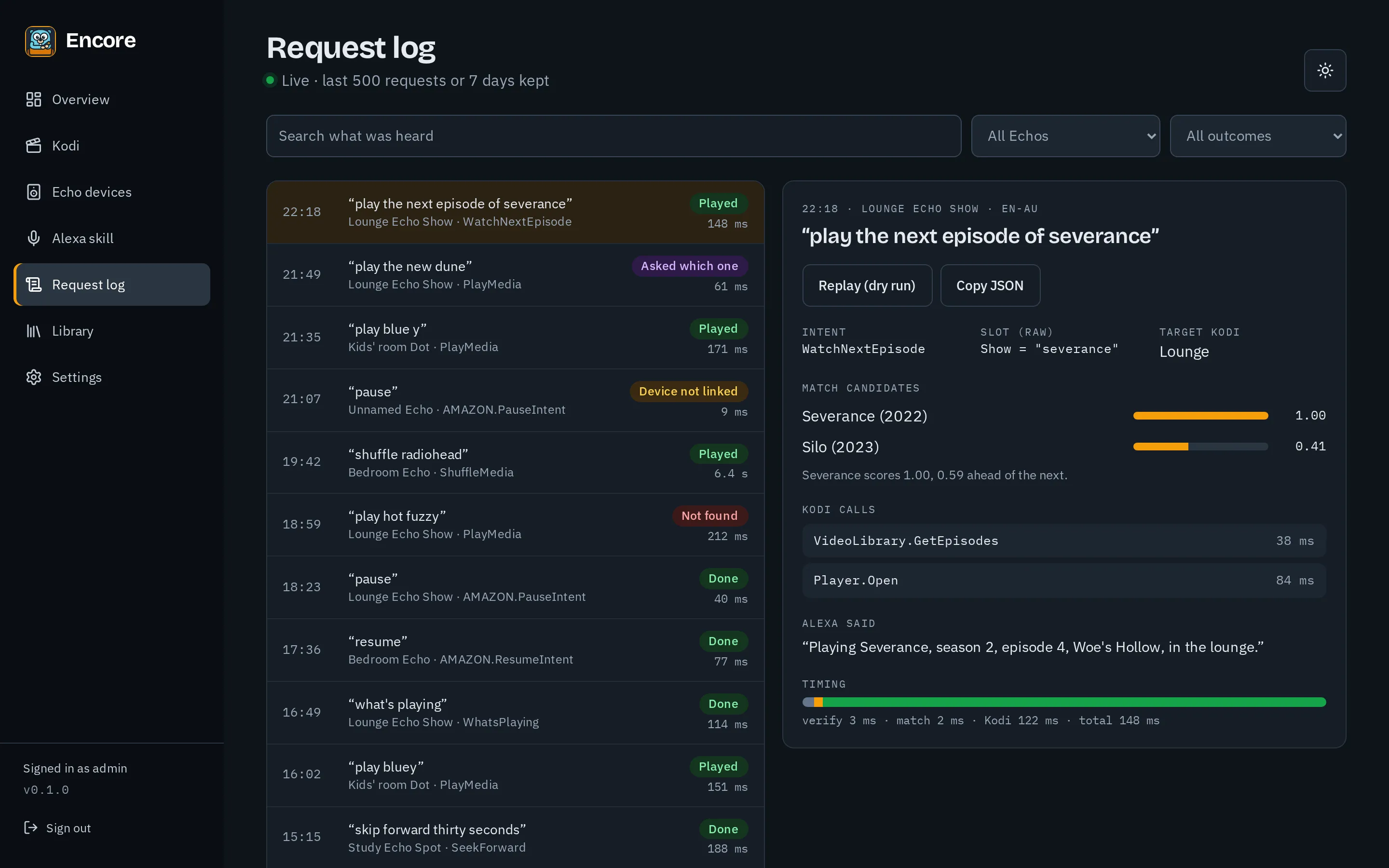 The Request log page, listing recent requests with their intent, outcome and timing