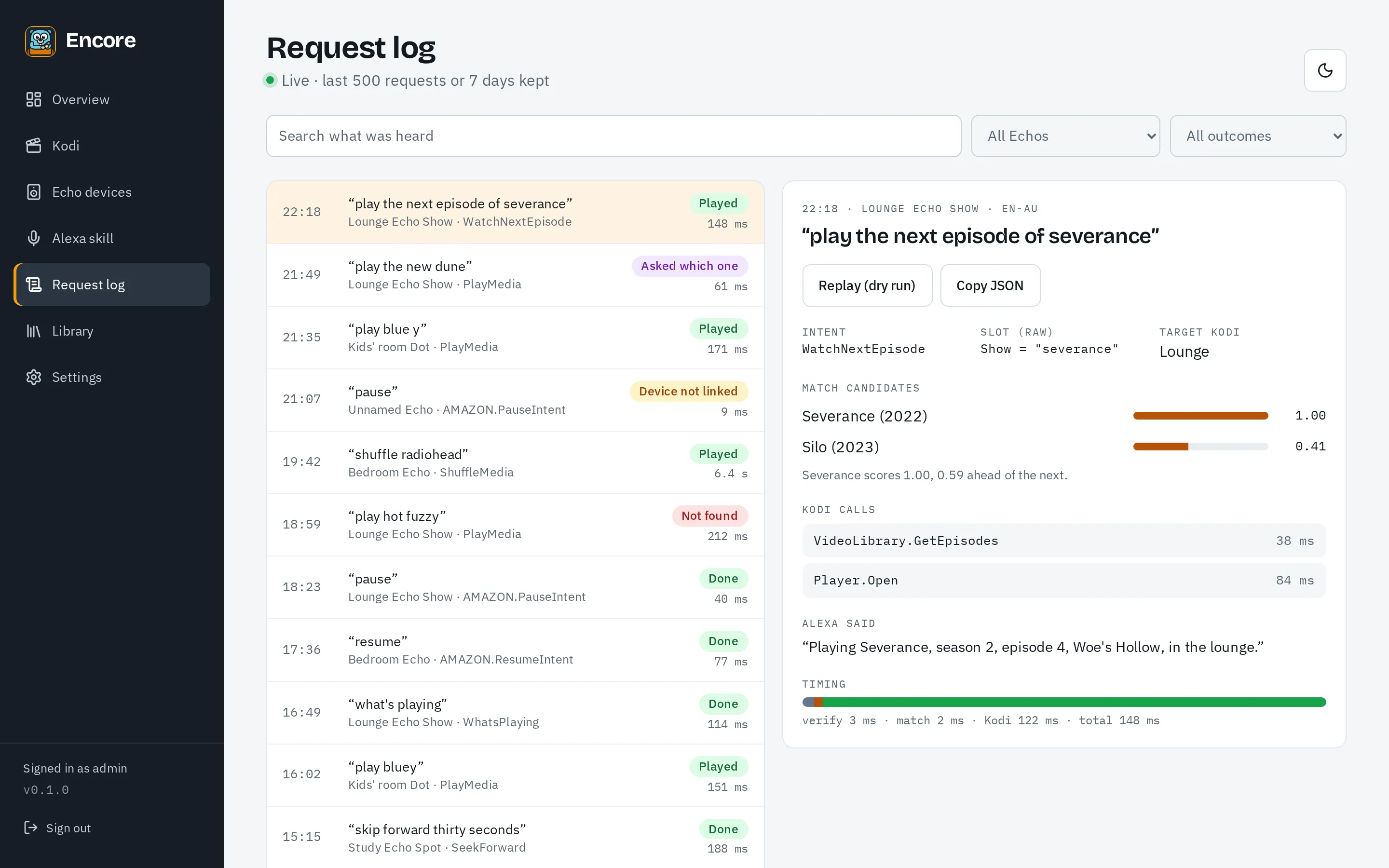 The Request log page, listing recent requests with their intent, outcome and timing