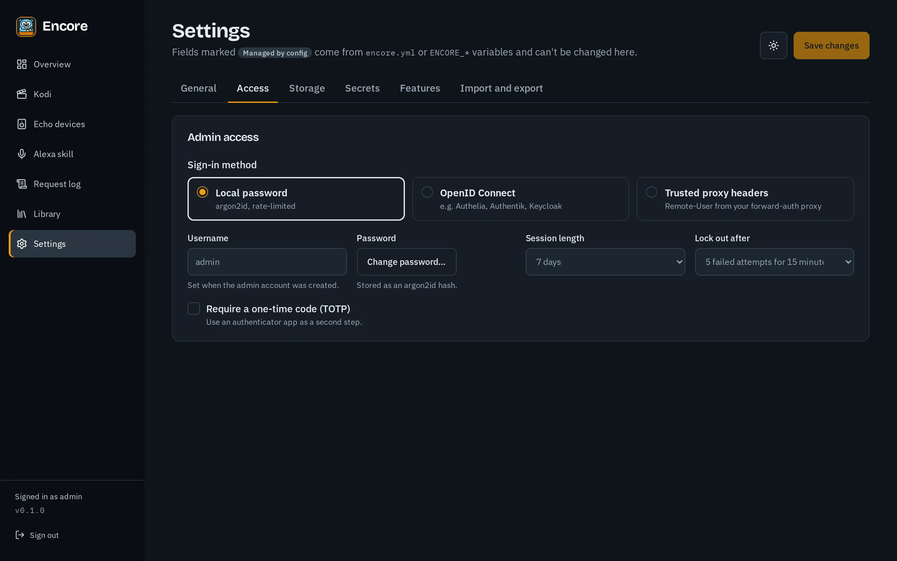 Settings, Access tab, choosing how admins sign in