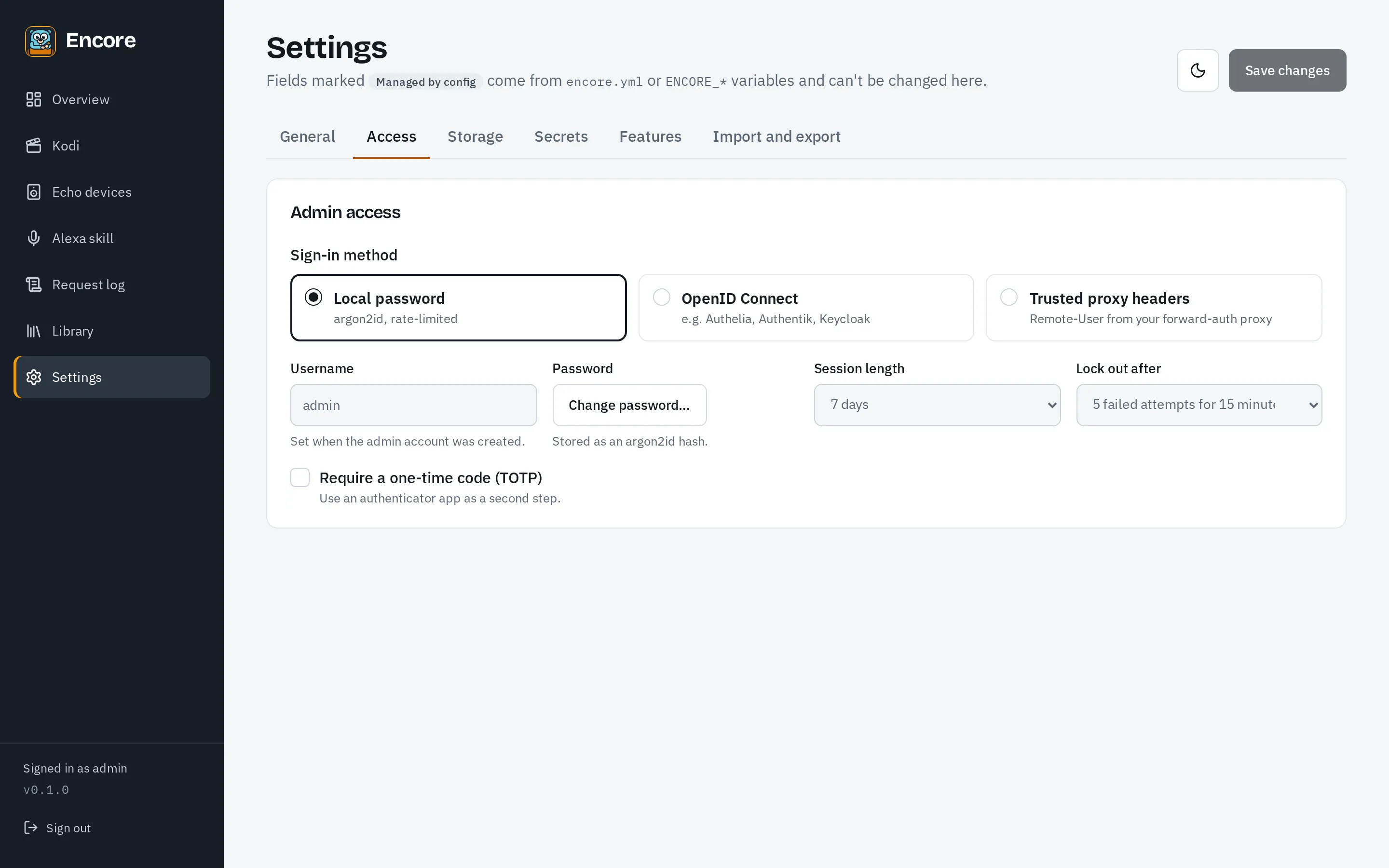 Settings, Access tab, choosing how admins sign in
