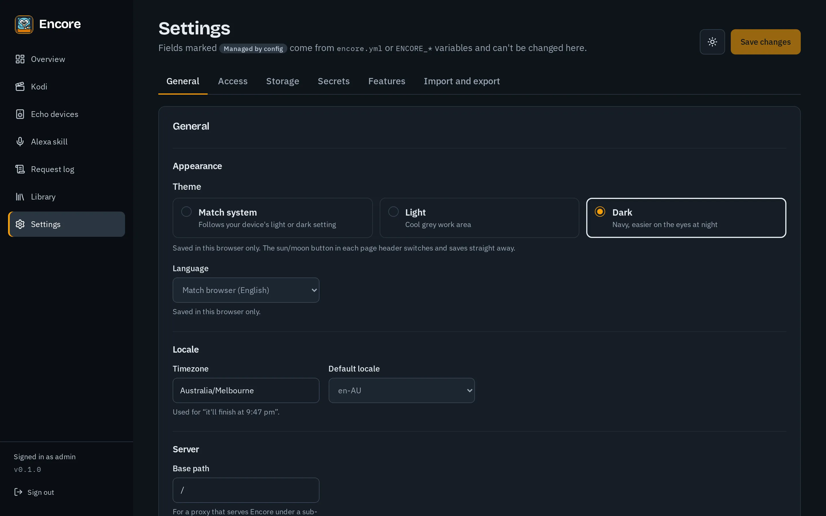 Settings, General tab