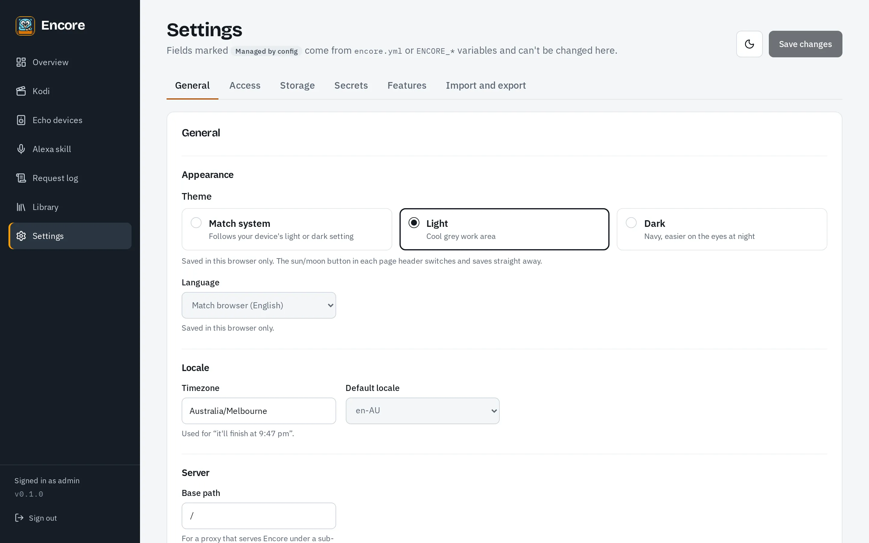 Settings, General tab