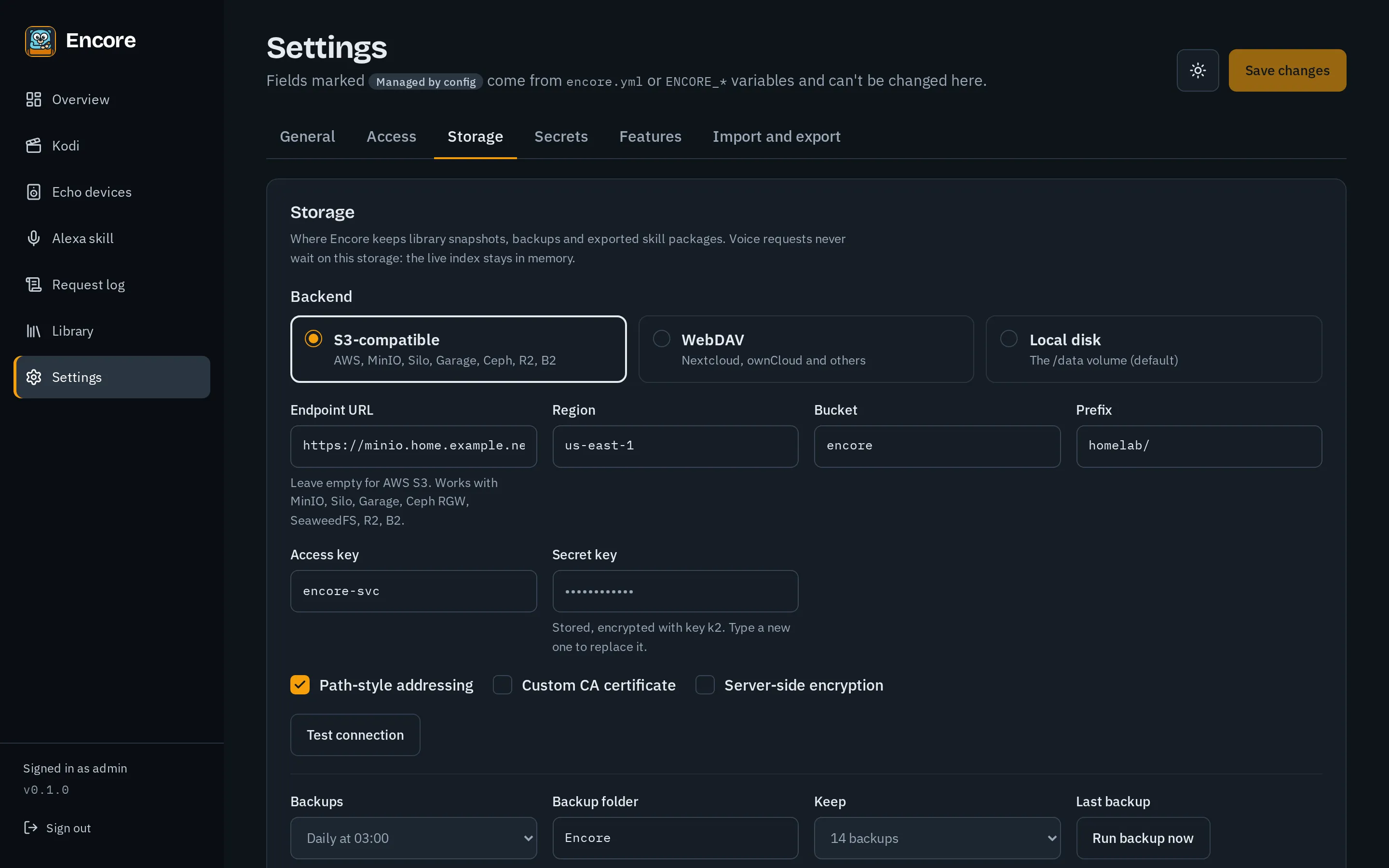 Settings, Storage tab, choosing where backups go