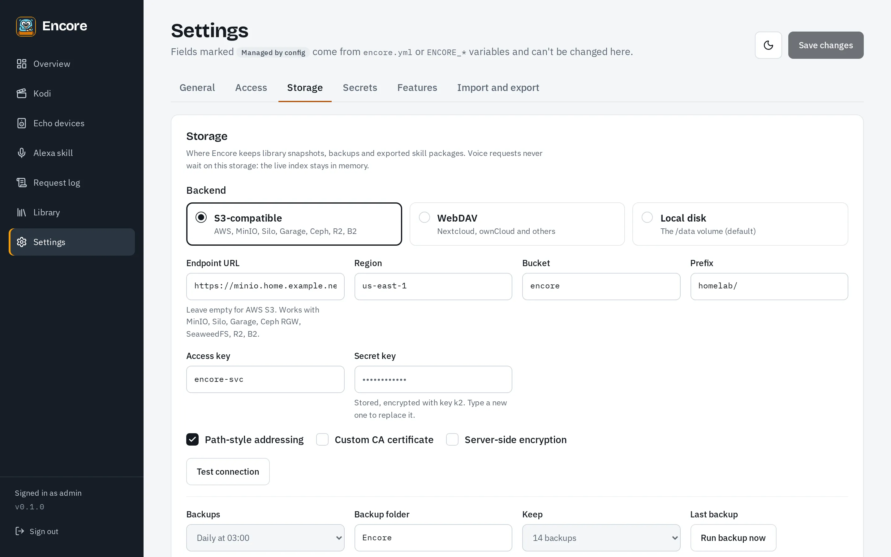 Settings, Storage tab, choosing where backups go